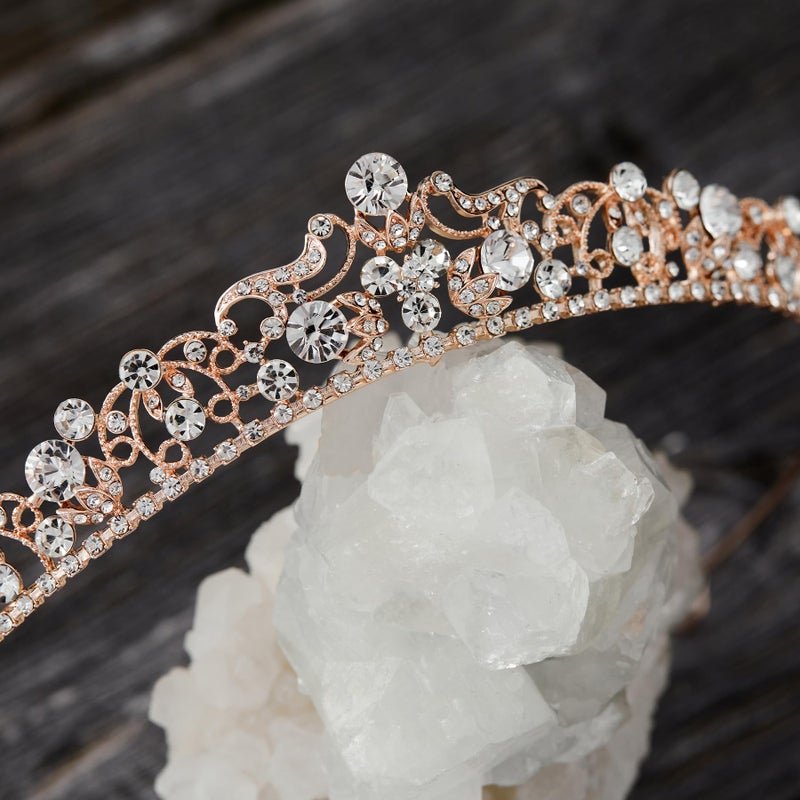 SWEETV Rose Gold Wedding Tiaras and Crowns, Rhinestone Bridal Crown Princess Tiara Headpieces for Women and Flower Girls, Bridgerton Hair Accessories for Birthday Prom Quinceanera - Image 5